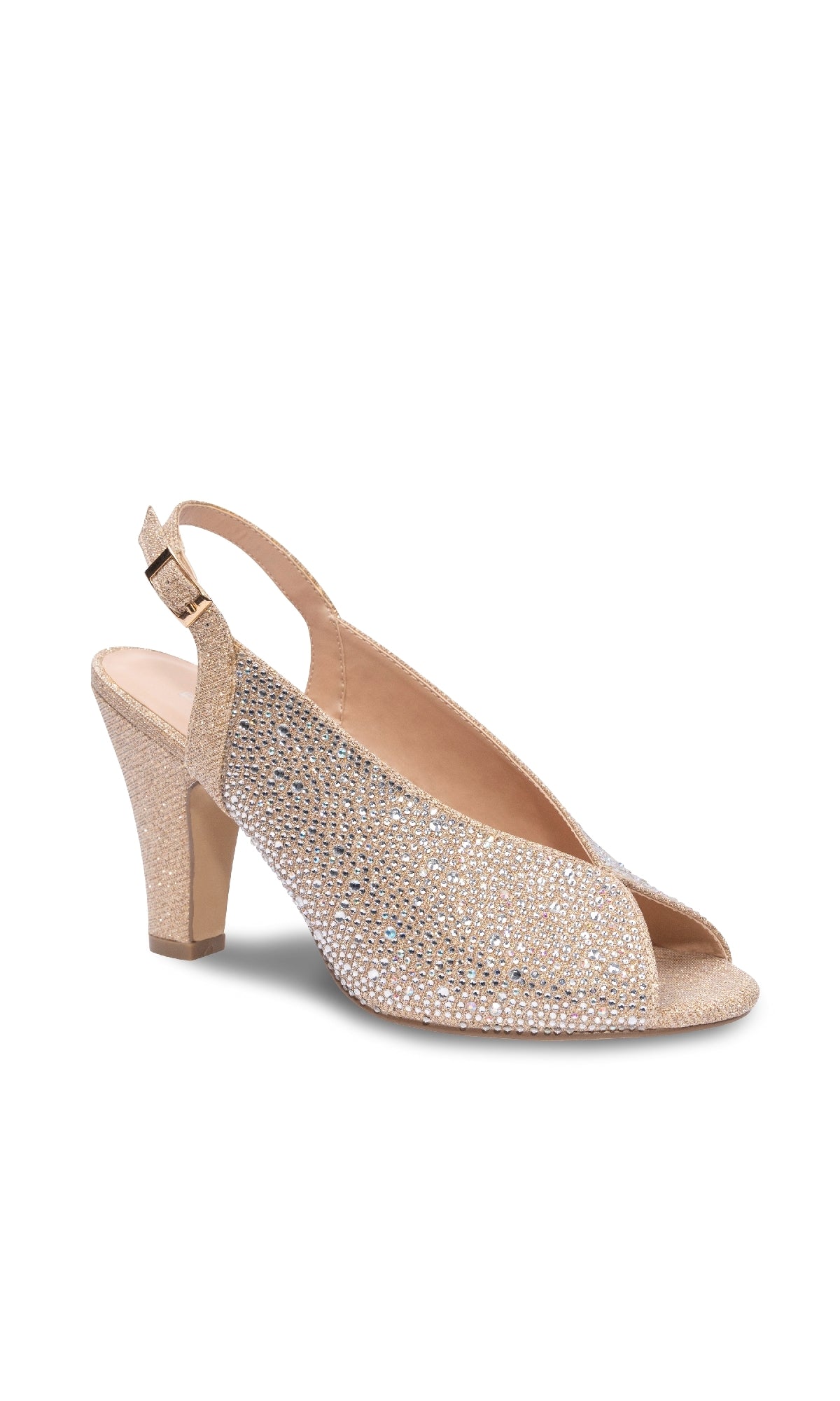 Glory Champagne Prom Shoes: Paradox London P2301—open-toe heels with gold glitter, adjustable strap, and rhinestone details—perfect champagne glitter prom shoes, shown on a white background.